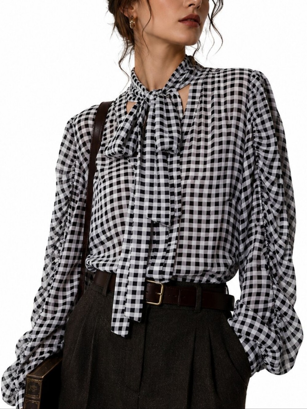 Black White Check Tie Neck Blouse Button Up Ruched Long Sleeves Size XL TALL